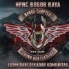 Logo for HPNC Bogor Raya motorcycle club featuring a winged crest with a shield and banners, rain-soaked background with motorcycles nearby, and the slogan 'Lebih Dari Sekadar Komunitas.'