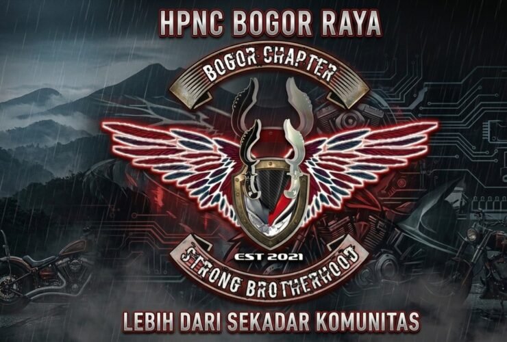 Logo for HPNC Bogor Raya motorcycle club featuring a winged crest with a shield and banners, rain-soaked background with motorcycles nearby, and the slogan 'Lebih Dari Sekadar Komunitas.'