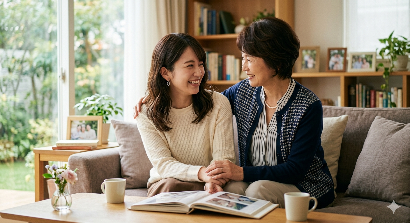 Two women sit close on a beige sofa in a sunlit living room, smiling at each other with an open photo album on the coffee table.