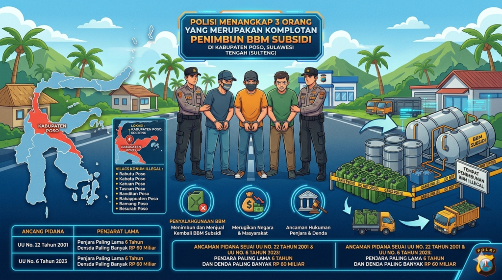 Infografis polisi menangkap tiga tersangka penimbunan BBM subsidi di sebuah fasilitas penyimpanan di latar belakang, menegaskan tindakan hukum.