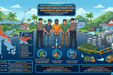 Infografis polisi menangkap tiga tersangka penimbunan BBM subsidi di sebuah fasilitas penyimpanan di latar belakang, menegaskan tindakan hukum.