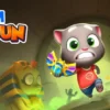Cartoon cat in a red shirt runs through a glowing tunnel, chasing a colorful butterfly-like gem; game logo 'Talking Tom Gold Run' in the corner.