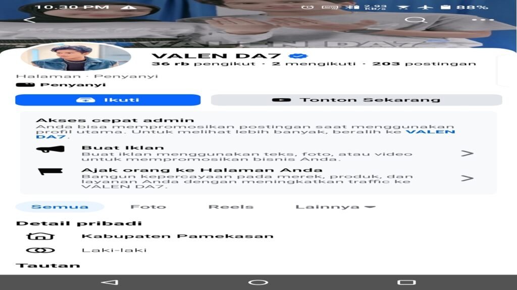 Screenshot of a TikTok profile page for VALEN DA7 showing follower and following counts, with action buttons like Ikuti and Tonton Sekarang on display.