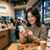 Young woman with glasses uses a smartphone at a Yandex cafe table, with staff and a counter in the background.