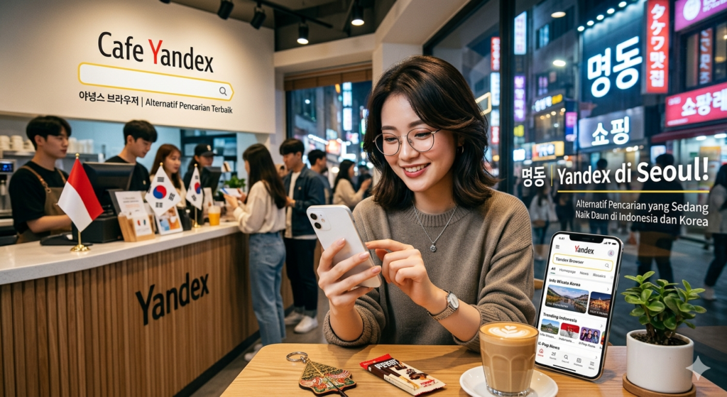 Young woman with glasses uses a smartphone at a Yandex cafe table, with staff and a counter in the background.