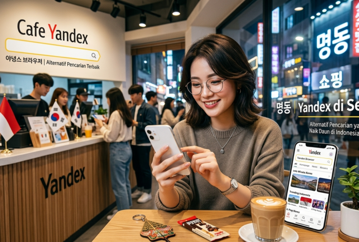 Young woman with glasses uses a smartphone at a Yandex cafe table, with staff and a counter in the background.