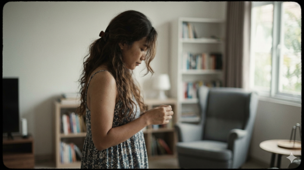 Woman in a floral patterned dress stands in a living room, looking down with hands clasped.
