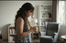 Woman in a floral patterned dress stands in a living room, looking down with hands clasped.