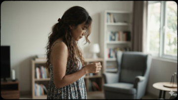 Woman in a floral patterned dress stands in a living room, looking down with hands clasped.