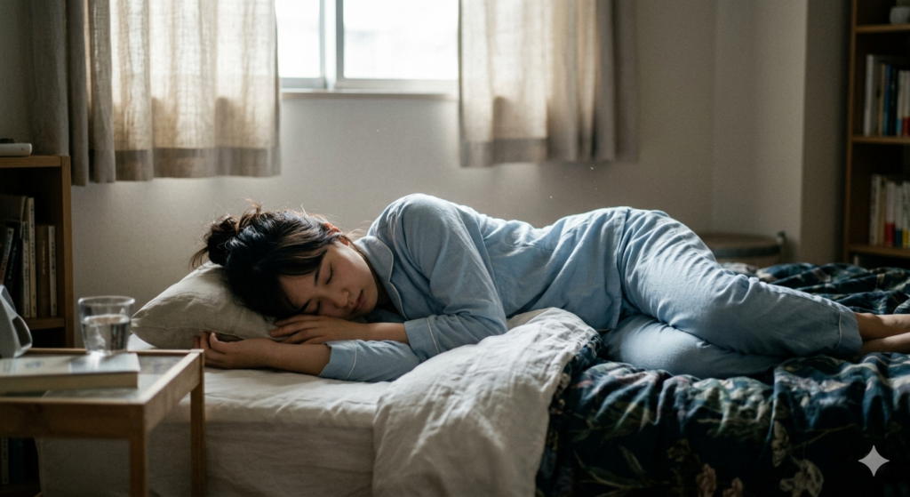 Person in light-blue pajamas sleeping on a bed in a softly lit bedroom, with a pillow under their head and a side table nearby