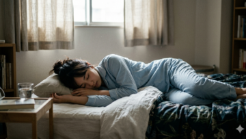 Person in light-blue pajamas sleeping on a bed in a softly lit bedroom, with a pillow under their head and a side table nearby