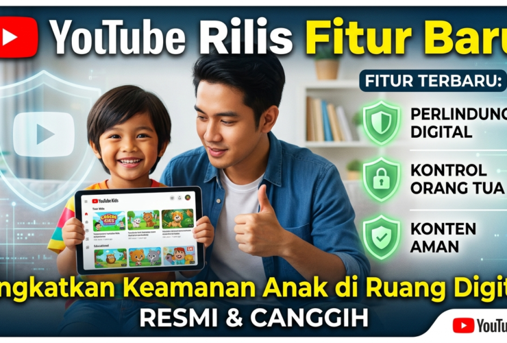Thumbnail promoting kids’ online safety: a smiling man and child with a tablet showing YouTube Kids, plus digital shield icons and bold Indonesian text about strengthening kids’ digital security.