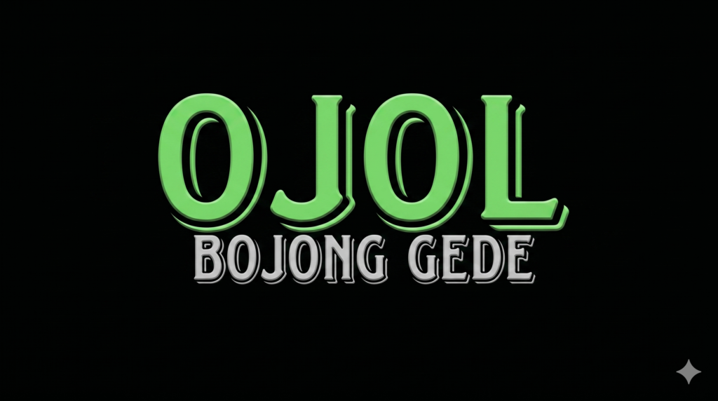 Logo with bright green 'OJOL' above metallic 'BOJONG GEDE' on a black background; small diamond/star shape in the bottom-right corner.