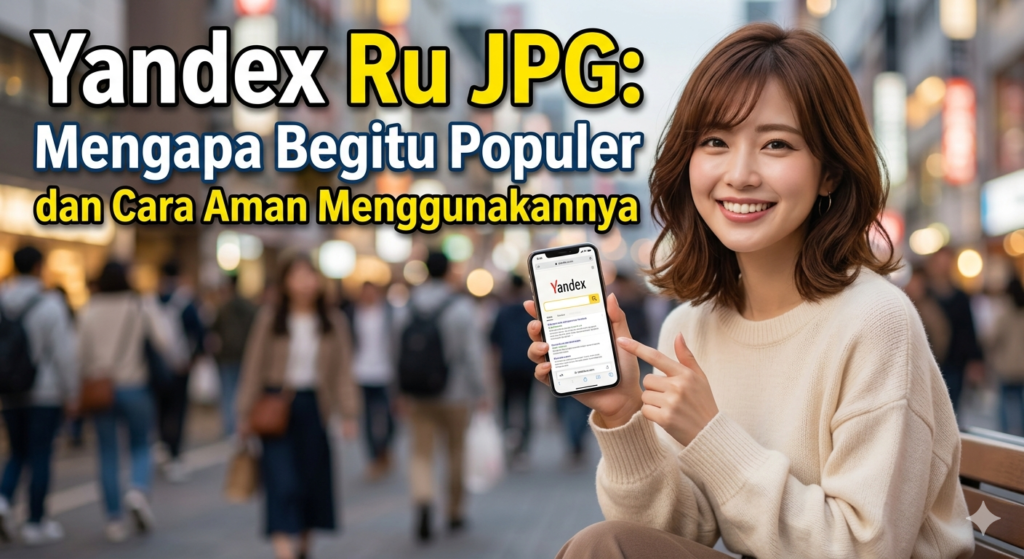 Smiling woman on a busy street holds a smartphone displaying the Yandex app; bold Indonesian headline overlays the image.