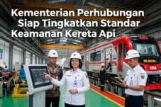 Inside a train maintenance workshop: officials in helmets beside a touchscreen control kiosk with a red train in the background, conveying safety standard upgrades by the Ministry of Transport (Indonesia).