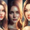 Triptych of a woman with long hair in three lighting styles: left soft, center dramatic, right bright—digital portrait illustration