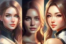 Triptych of a woman with long hair in three lighting styles: left soft, center dramatic, right bright—digital portrait illustration