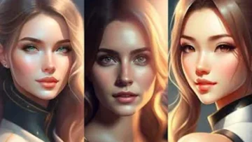 Triptych of a woman with long hair in three lighting styles: left soft, center dramatic, right bright—digital portrait illustration