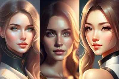 Triptych of a woman with long hair in three lighting styles: left soft, center dramatic, right bright—digital portrait illustration