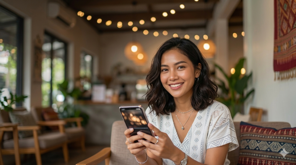 Smiling woman in a cozy cafe holding a smartphone toward the camera.