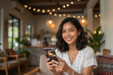 Smiling woman in a cozy cafe holding a smartphone toward the camera.