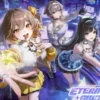 Four anime-style girls perform on a neon-lit stage in a futuristic city, promoting a sci-fi music event called Eternal Stars with bright holograms and lights behind them.