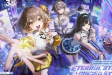Four anime-style girls perform on a neon-lit stage in a futuristic city, promoting a sci-fi music event called Eternal Stars with bright holograms and lights behind them.