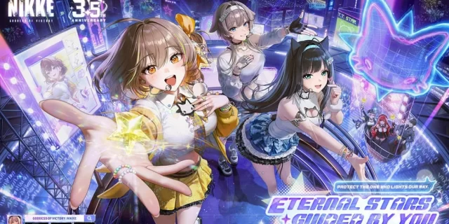 Four anime-style girls perform on a neon-lit stage in a futuristic city, promoting a sci-fi music event called Eternal Stars with bright holograms and lights behind them.