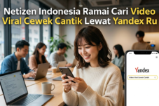 Woman in a cream sweater smiles while using her phone in a busy cafe; colleagues work on laptops in the background; a Yandex search UI appears on a smartphone screen.