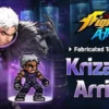 Promotional banner for King of Fighters AFK: Krizalid's Arrival! with Krizalid and a pixel art sprite on a neon purple backdrop.