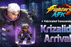 Promotional banner for King of Fighters AFK: Krizalid's Arrival! with Krizalid and a pixel art sprite on a neon purple backdrop.