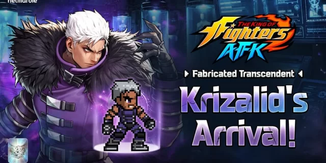 Promotional banner for King of Fighters AFK: Krizalid's Arrival! with Krizalid and a pixel art sprite on a neon purple backdrop.