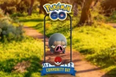 Promotional image for Pokémon GO Community Day with the logo and a phone frame showing a Pokémon on a sunny park path.