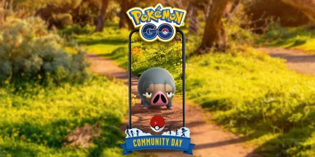 Promotional image for Pokémon GO Community Day with the logo and a phone frame showing a Pokémon on a sunny park path.