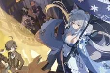 Blue-haired woman in a blue kimono holds a decorative parasol on a balcony bathed in warm golden light, with other characters in the background.