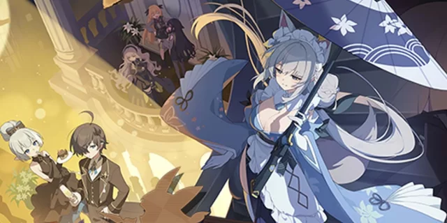 Blue-haired woman in a blue kimono holds a decorative parasol on a balcony bathed in warm golden light, with other characters in the background.