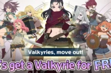 Promotional banner for a game showing eight anime-style Valkyries with weapons, announcing 'Valkyries, move out!' and 'Let's get a Valkyrie for FREE!'