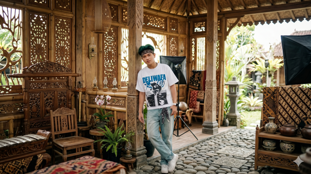 valen da7 | Map Bussid Terbaru Young man in a white graphic T-shirt and bandana posing inside a carved wooden gazebo.