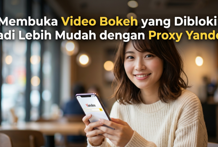 Wanita tersenyum di kafe memegang ponsel menampilkan logo Yandex; teks judul promosikan buka video diblokir dengan Proxy Yandex.
