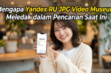 Smiling woman in a café holds up a smartphone displaying the Yandex RU app; bold Indonesian headline overlays the scene.