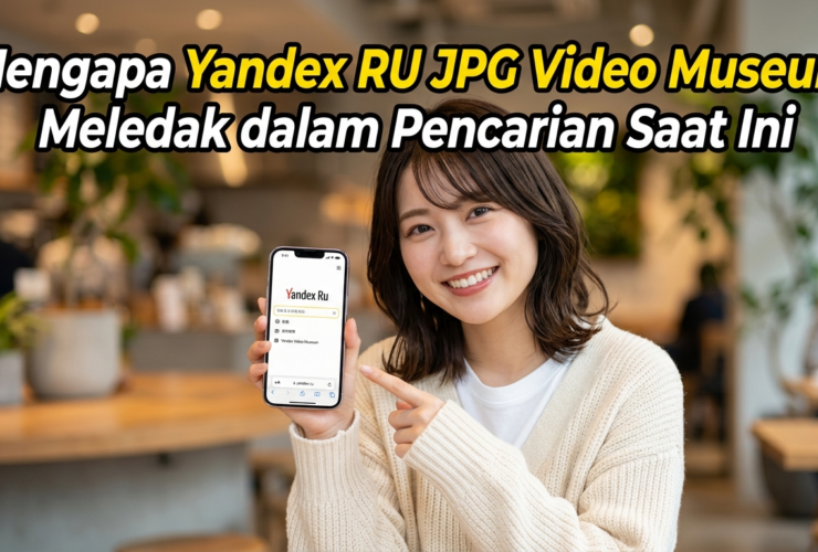 Smiling woman in a café holds up a smartphone displaying the Yandex RU app; bold Indonesian headline overlays the scene.
