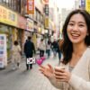 Smiling woman in a light sweater holding a coffee cup on a busy Korean street with storefronts and signs in the background.