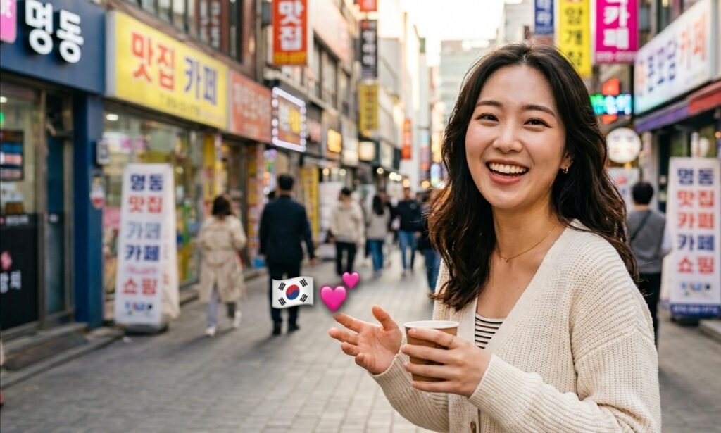 Smiling woman in a light sweater holding a coffee cup on a busy Korean street with storefronts and signs in the background.