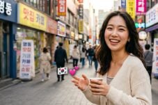 Smiling woman in a light sweater holding a coffee cup on a busy Korean street with storefronts and signs in the background.