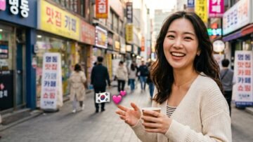 Smiling woman in a light sweater holding a coffee cup on a busy Korean street with storefronts and signs in the background.