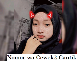 Portrait of a young woman in a black hijab with a red devil-horn filter; caption reads 'Nomor wa Cewek2 Cantik'.