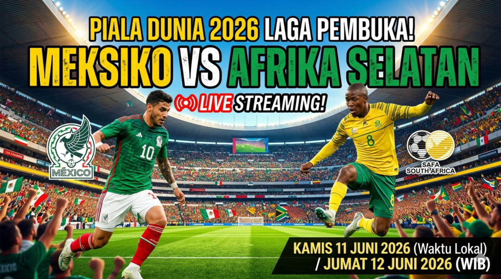 Banner promosi Piala Dunia 2026: Meksiko vs Afrika Selatan, streaming langsung, dengan dua pemain di stadion penuh penonton, 11–12 Juni 2026 (WIB).