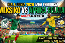 Banner promosi Piala Dunia 2026: Meksiko vs Afrika Selatan, streaming langsung, dengan dua pemain di stadion penuh penonton, 11–12 Juni 2026 (WIB).