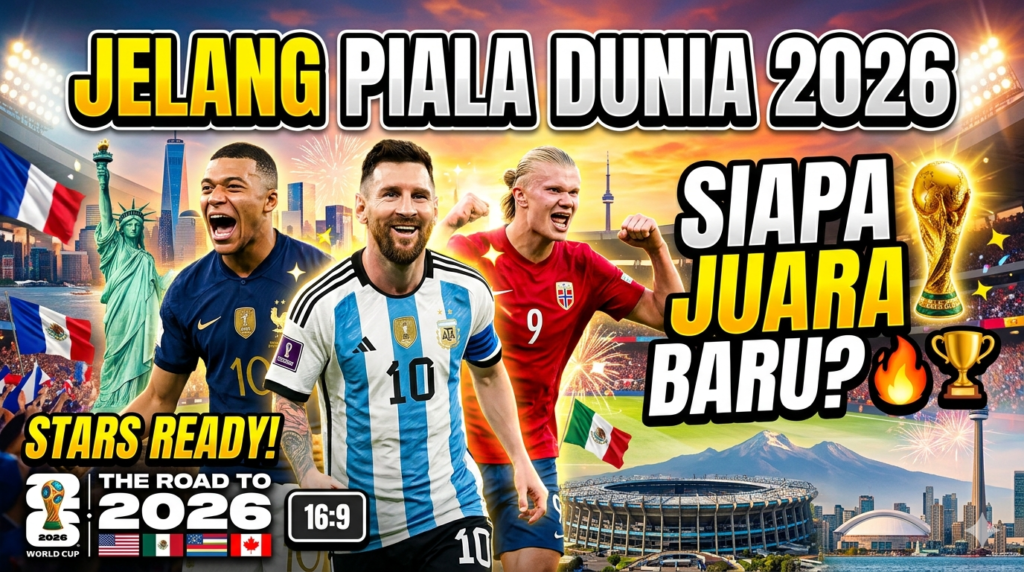 Bright World Cup 2026 banner with three celebrating footballers, fireworks, flags, and a stadium skyline in the background.