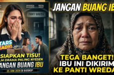 Split Indonesian movie poster: left shows a sad woman covering her face with a couple arguing and the title 'Jangan Buang Ibu' with release info; right shows a crying elderly woman in a patterned hijab with bold headlines about sending her to a nursing home.